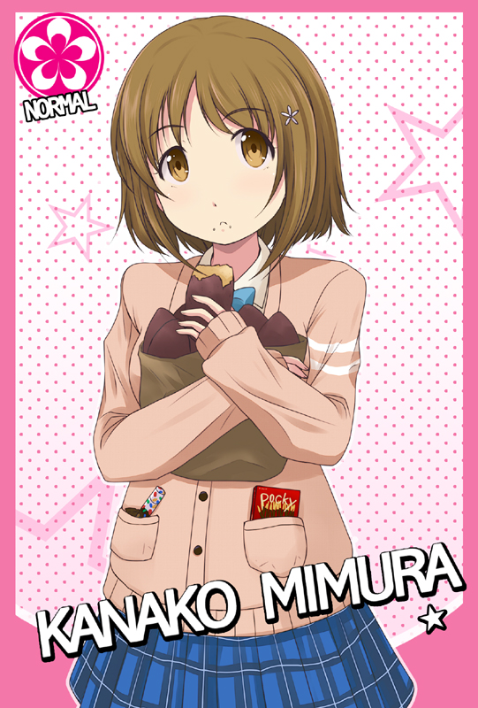 bad_id bag brown_eyes brown_hair cardigan character_name cinderella_girls_card_parody flower food food_on_face hair_ornament hairclip idolmaster idolmaster_cinderella_girls mimura_kanako onion_(artist) parody plaid plaid_skirt pocky school_uniform short_hair skirt solo star sweater sweet_potato yakiimo