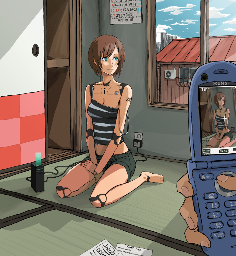 barefoot brand_name_imitation breasts calendar_(object) cellphone cellphone_camera cleavage intel jittsu phone photo_(object) robot_joints short_hair shorts sitting sky tank_top viewfinder wariza window