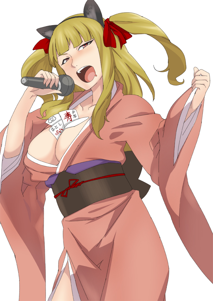 animal_ears between_breasts blonde_hair breasts cat_ears jack_hamster large_breasts long_hair magical_grim microphone open_mouth original red_eyes simple_background solo white_background