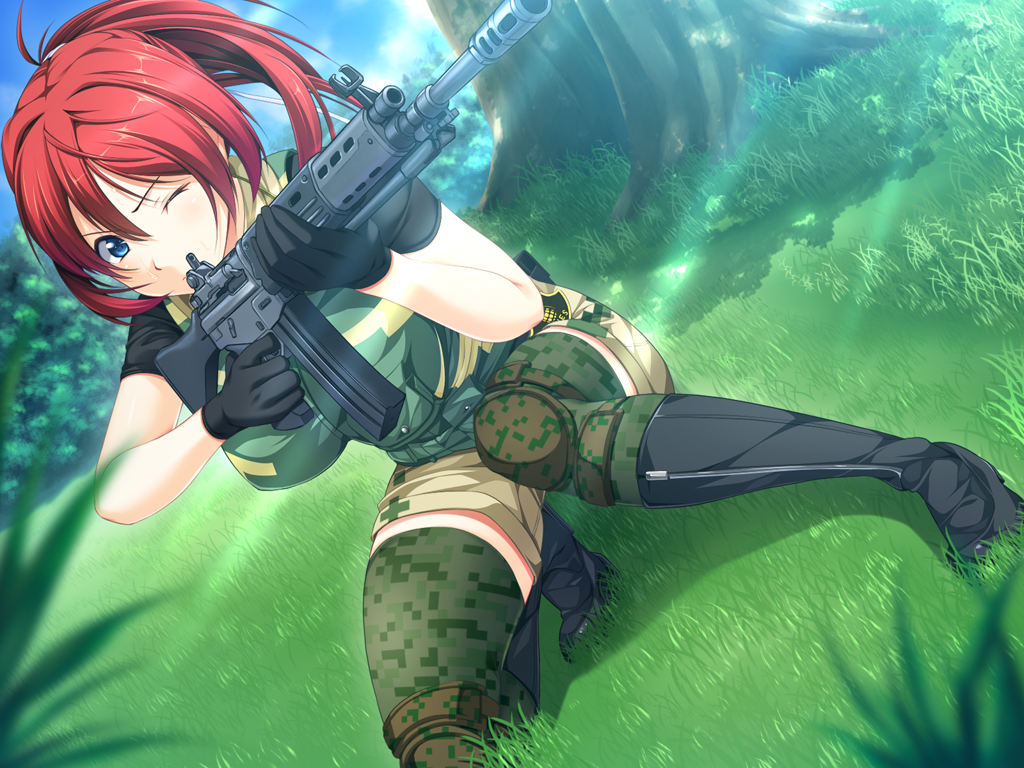 blue_eyes game_cg gun redhead sekisaba shorts thigh-highs weapon