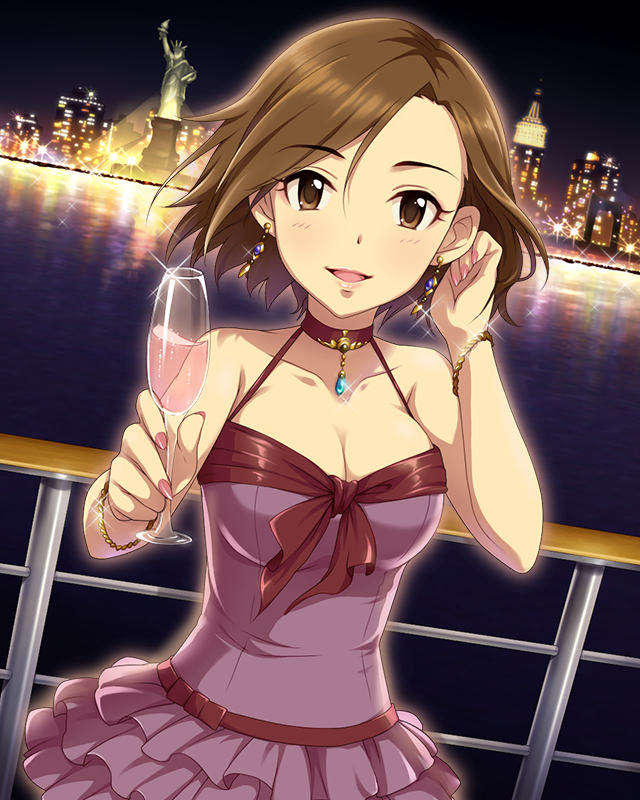 1girl alcohol artist_request brown_eyes brown_hair cup earrings glass idolmaster idolmaster_cinderella_girls jewelry landmark mizuki_seira nail_polish necklace official_art short_hair solo statue_of_liberty tagme wine