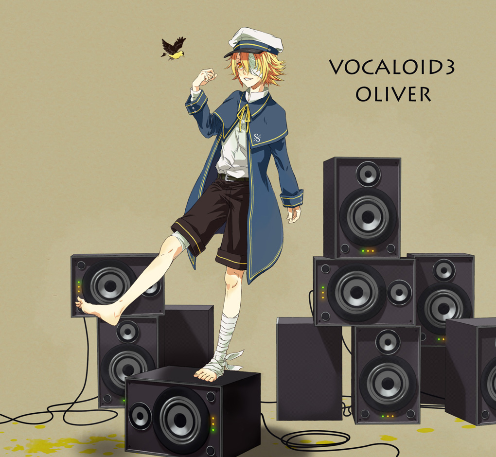 bandage bandages barefoot bird blonde_hair hat male oliver_(vocaloid) one_eye_covered sailor_hat short_hair shorts smile solo speaker vocaloid yellow_eyes