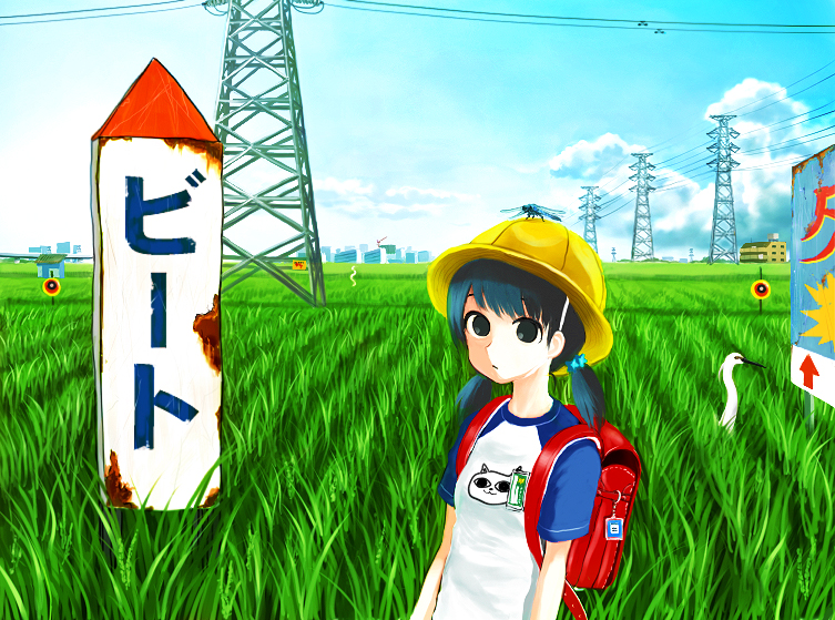 1girl backpack bag black_eyes blue_hair building child crowd dragonfly giba_ryan hair_over_eyes hat kune-kune monster nekojiru_udon original power_lines randoseru rice_paddy scarecrow school_hat short_sleeves short_twintails sign solo transmission_tower twintails when_you_see_it