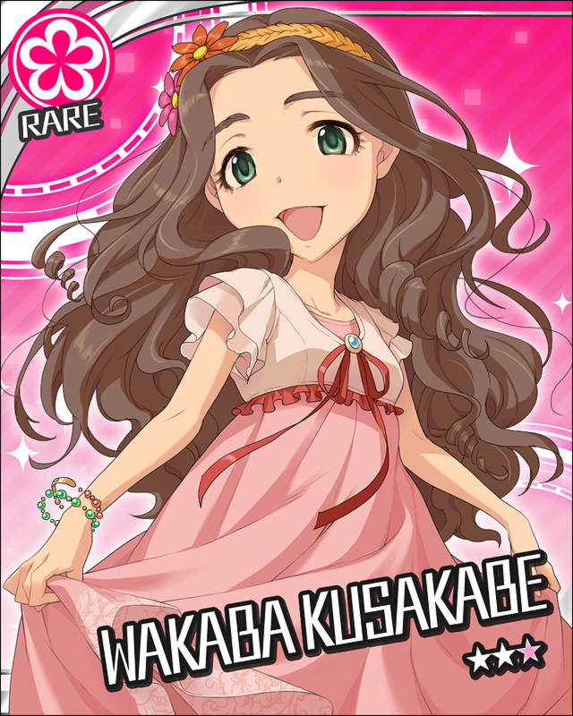 brown_hair character_name curly_hair dress flower green_eyes headband idolmaster idolmaster_cinderella_girls jewelry kusakabe_wakaba long_hair official_art solo star