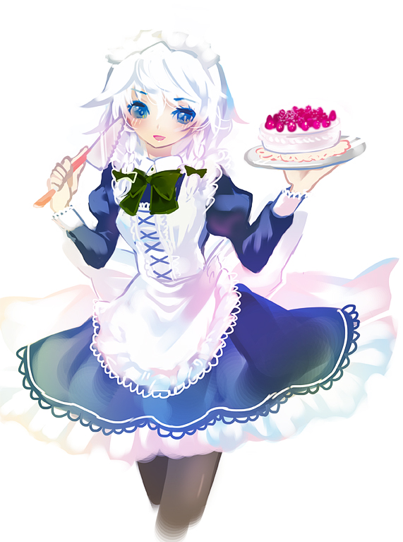 blue_eyes blush braid cake cake_slicer food izayoi_sakuya maid maid_headdress pantyhose silver_hair solo touhou twin_braids yutsuka yutsuka_(amyucca)