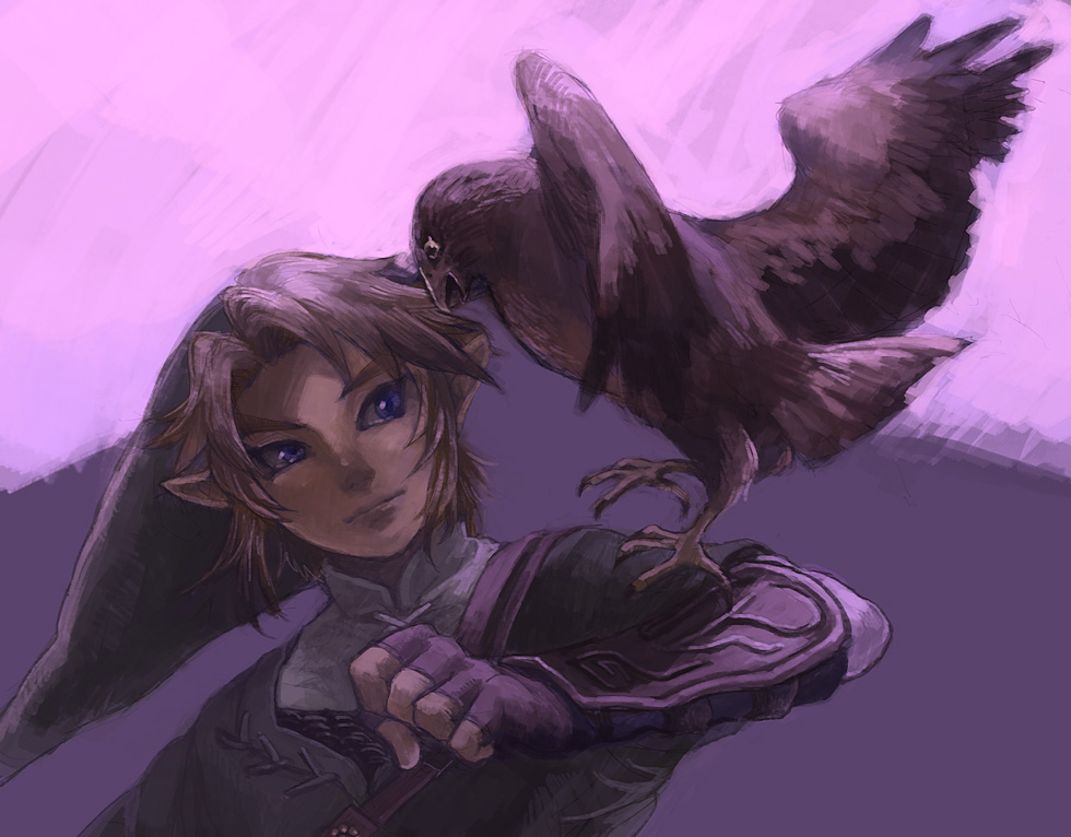bird blonde_hair blue_eyes chainmail face fingerless_gloves gloves hands hat link male penta5 pointy_ears purple_background solo the_legend_of_zelda twilight_princess vambraces