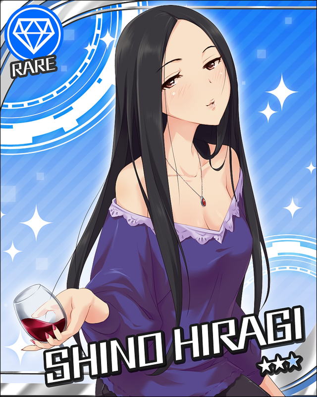 breasts character_name cleavage cup diamond hiiragi_shino idolmaster idolmaster_cinderella_girls jewelry long_hair necklace official_art solo star wine wine_glass