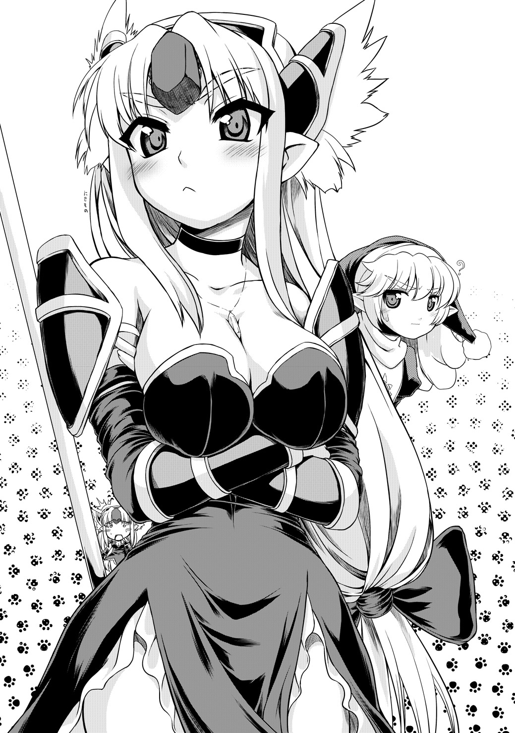 2girls :&lt; ? between_breasts blush breasts can't_be_this_cute can't_be_this_cute charlotte_(seiken_densetsu_3) choker crossed_arms eyebrows forehead_jewel hat head_wings helmet highres jewelry large_breasts long_hair low-tied_long_hair monochrome multiple_girls necklace o_o ore_no_imouto_ga_konna_ni_kawaii_wake_ga_nai parody pauldron pauldrons pointy_ears riesz seiken_densetsu seiken_densetsu_3 utsugi_tsuguha very_long_hair winged_helmet