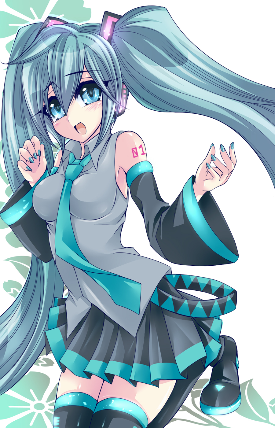 aqua_eyes aqua_hair bad_id boots detached_sleeves hatsune_miku headphones highres kneeling long_hair nail_polish necktie open_mouth skirt solo thigh-highs thigh_boots thighhighs twintails very_long_hair vocaloid