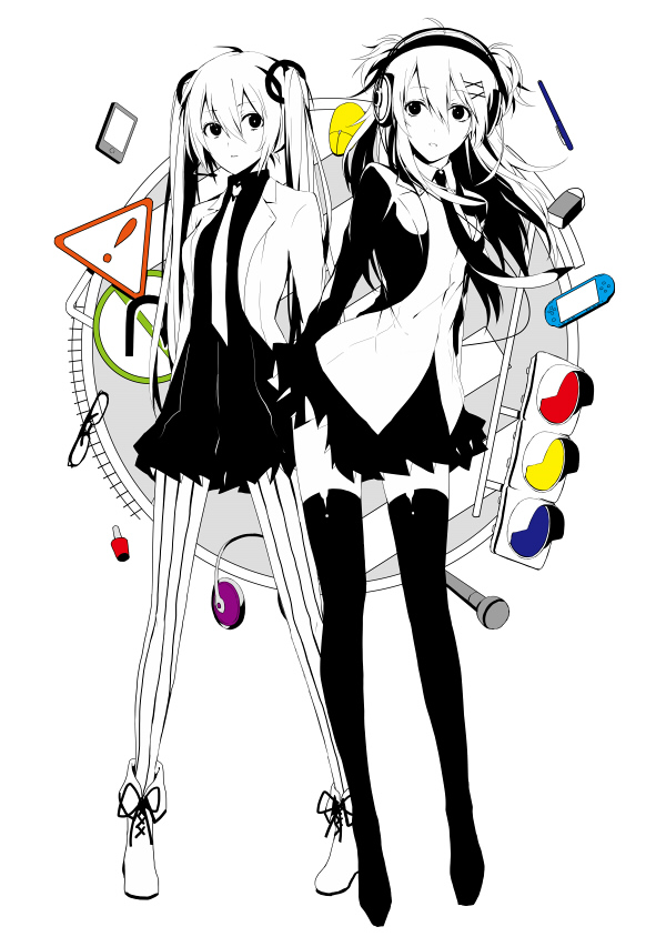 ankle_boots arisaka_ako computer_mouse cosmetics eraser hatsune_miku headphones kanon_nanase long_hair monochrome multiple_girls nail_polish_bottle nanase_kanon necktie pantyhose partially_colored playstation_portable skirt thigh-highs thighhighs traffic_light twintails two_side_up vertical-striped_legwear vertical_stripes vocaloid