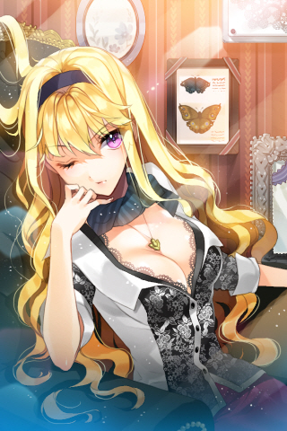 arm_up bangs blonde_hair breasts butterfly cherrypin chin_rest cleavage eyelashes flower frills hairband jewelry linia_pacifica long_hair lowres mirror moth necklace pendant picture_frame purple_eyes sitting solo sword_girls violet_eyes wavy_hair wink