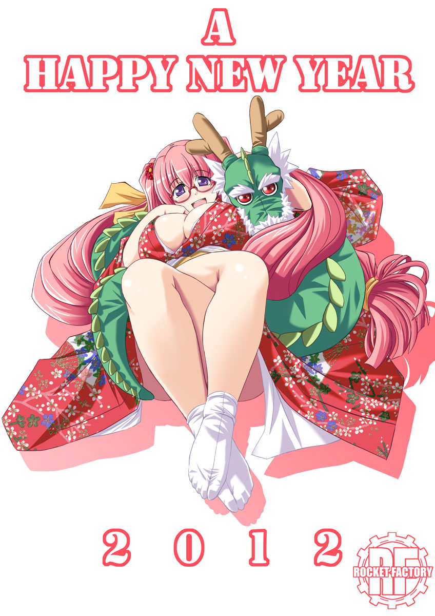 2012 :d breasts crossed_legs dragon eastern_dragon feet floral_print flower footwear foreshortening furisode glasses hair_flower hair_ornament happy_new_year highres japanese_clothes kimono legs_crossed log-mi_(tongpoo) long_hair looking_at_viewer new_year no_shoes obi open_mouth original pink_hair purple_eyes red-framed_glasses red_eyes simple_background sitting smile socks solo tabi tonpuu violet_eyes white_background yukata