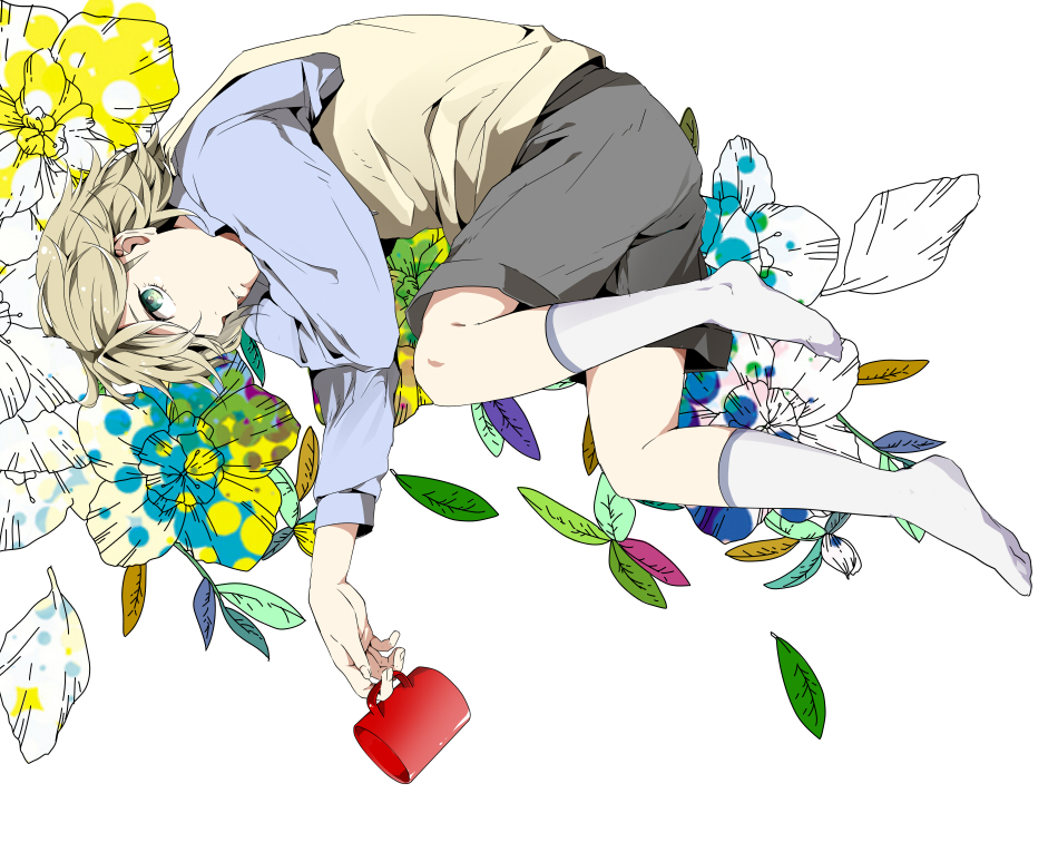 bad_id barnaby_brooks_jr blonde_hair child cup flower footwear green_eyes lying male mug no_shoes seiyasi shorts socks solo tiger_&amp;_bunny vest young