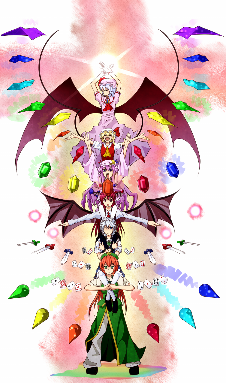 :d :o \m/ ^_^ arms_up ascot bat_wings blonde_hair blue_eyes blue_hair blue_ribbon bow braid card carrying china_dress chinese_clothes closed_eyes colorful crescent cross crossed_arms crystal dress dress_shirt eyes_closed flandre_scarlet glowing green_eyes hair_bow happy hat head_wings highres hong_meiling human_tower izayoi_sakuya knife koakuma large_wings long_hair long_sleeves low_wings maid maid_headdress multiple_girls necktie open_mouth outstretched_arms palm-fist_greeting pandora-ex pants patchouli_knowledge playing_card purple_dress purple_eyes purple_hair red_eyes red_hair red_ribbon redhead remilia_scarlet ribbon shirt shoes short_hair short_sleeves shoulder_carry side_ponytail side_slit silver_hair simple_background sitting sitting_on_person skirt skirt_set smile solo sparkle spread_arms stacking star the_embodiment_of_scarlet_devil throwing_knife touhou twin_braids very_long_hair violet_eyes weapon white_legwear wide_sleeves wings wink wrist_cuffs