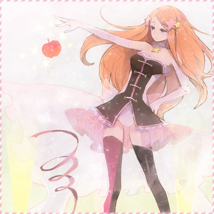 apple choker food fruit hair_ornament holding holding_apple holding_fruit long_hair mawaru_penguindrum princess_of_the_crystal rusuko solo star takakura_himari thigh-highs thighhighs