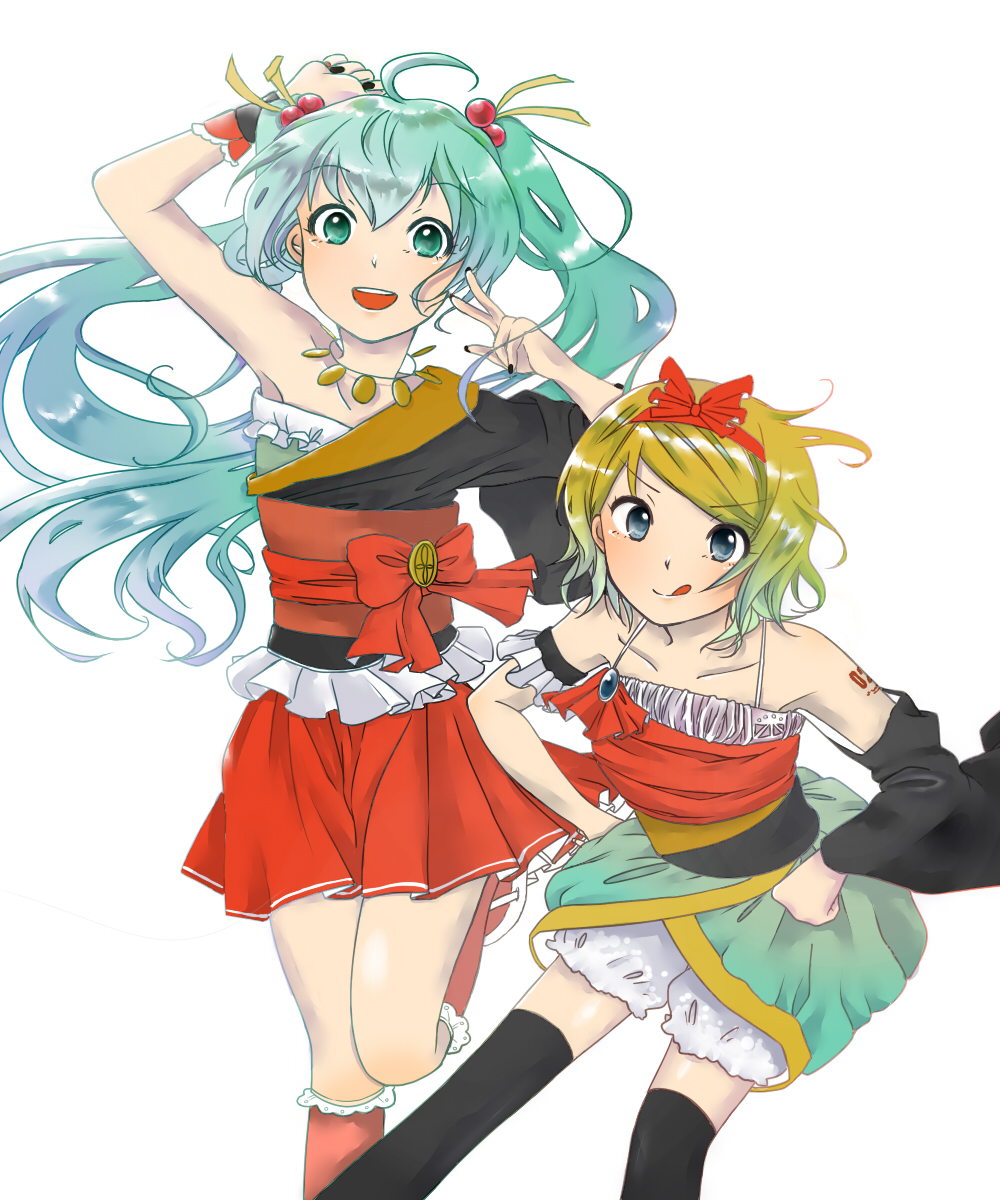 :q ahoge blonde_hair blue_eyes green_eyes green_hair hands_on_hips hatsune_miku highres jewelry kagamine_rin kneehighs multiple_girls nail_polish necklace nishiyama_(nicf) simple_background skirt thigh-highs thighhighs tongue twintails vocaloid white_background