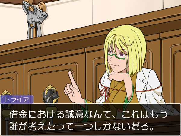 1girl akito_(owata11) blonde_hair chin_rest court crossover fake_screenshot glasses gyakuten_saiban half_rim_glasses japanese_clothes labcoat pointing red_eyes semi-rimless_glasses short_hair solo super_robot_wars_z2 traiya_scott translation_request wrench