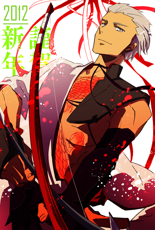 2012 aonome archer archery bow_(weapon) dark_skin dragon fate/stay_night fate_(series) grey_eyes japanese_clothes kyuudou male new_year short_hair solo tattoo weapon white_hair
