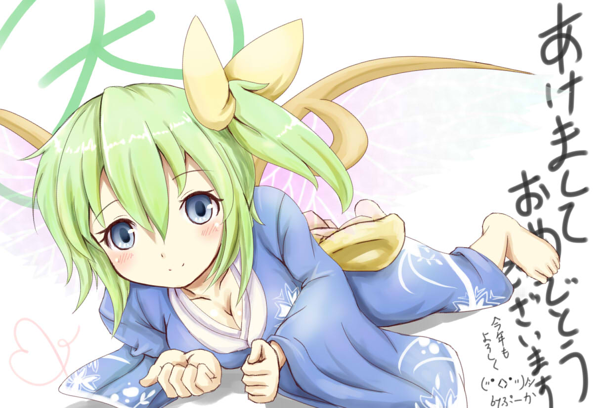 barefoot blue_eyes blush bow breasts cleavage daiyousei green_hair japanese_clothes kimono long_hair lying on_stomach runathito side_ponytail smile solo touhou translation_request wings