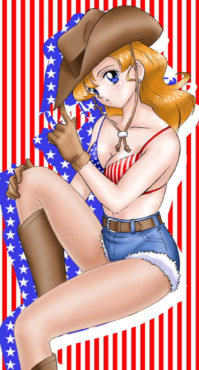 america belt bikini_top blonde_hair blue_eyes boots breasts cleavage cowboy_hat cowgirl denim earrings gloves hat jewelry legs legwear_under_shorts original pantyhose sheer_legwear short_shorts shorts solo uraharukon