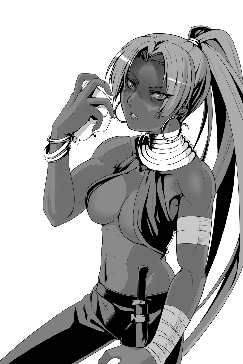 assassin_(fate/zero) bracelet breasts cleavage earrings fate/zero fate_(series) female_assassin_(fate/zero) highres hoop_earrings jewelry kazami_tomo knife mask mask_removed monochrome necklace ponytail solo under_boob underboob