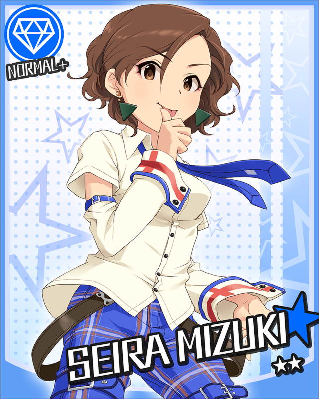 brown_hair character_name detached_sleeves diamond earrings finger_licking idolmaster idolmaster_cinderella_girls jewelry licking mizuki_seira necktie official_art short_hair solo star