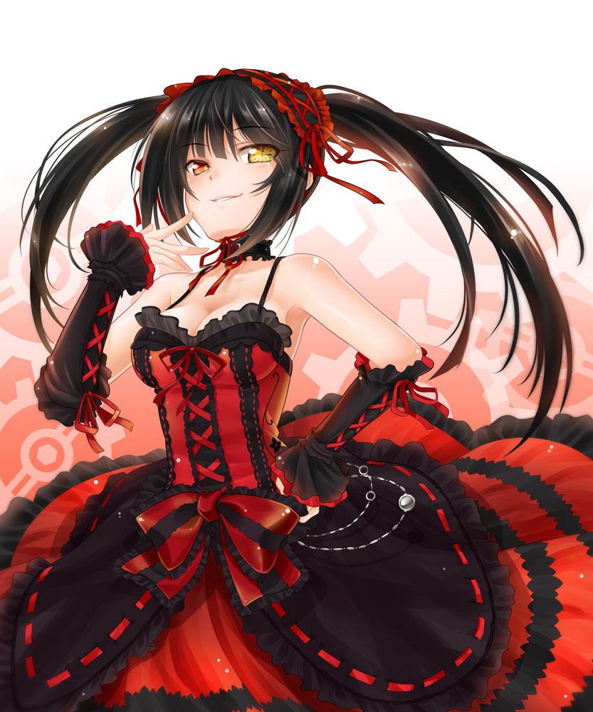 1girl bare_shoulders black_hair breasts cleavage date_a_live detached_sleeves dress gears gothic_lolita hairband hand_on_hip heterochromia lolita_fashion lolita_hairband long_hair looking_at_viewer okitakung red_dress ribbon_choker smirk solo symbol-shaped_pupils tokisaki_kurumi twintails yellow_eyes