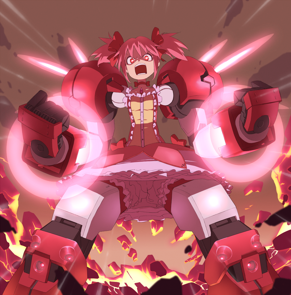 angry bloomers bow bubble_skirt choker d:&lt; dress fighting_stance fusion gundam gundam_age gundam_age-1 gundam_age-1_titus hair_bow kaname_madoka magical_girl mahou_shoujo_madoka_magica mecha_musume mechanical_arms mechanical_legs parody pink_hair red_eyes robot_arms robotic_arms short_hair short_twintails solo standing tt_(poposujp) twintails