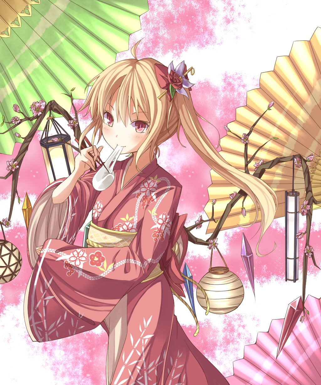 2012 ahoge alternate_costume alternate_wings blonde_hair cherry_blossoms chopsticks eating flandre_scarlet flower food gurasion_(gurasion) hair_flower hair_ornament hanging highres japanese_clothes kimono lantern long_hair looking_at_viewer mochi new_year no_hat no_headwear obi patterned red_eyes side_ponytail sleeves_pushed_up smile solo tassel the_embodiment_of_scarlet_devil touhou umbrella wagashi wide_sleeves wings