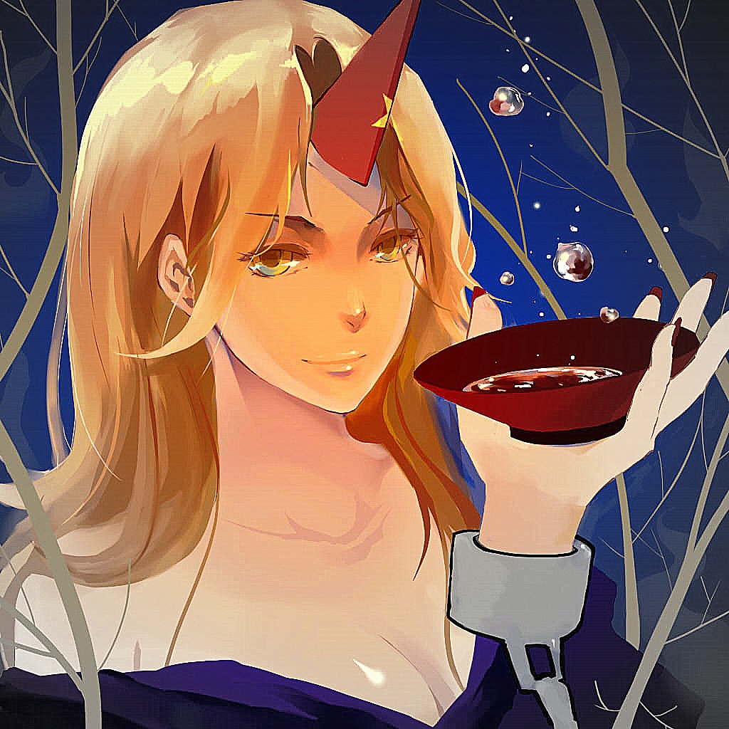 alternate_eye_color bare_shoulders bare_tree blonde_hair breasts cleavage cuffs horn hoshiguma_yuugi looking_at_viewer moedai nail_polish red_eyes sakazuki sake shackles smile solo touhou tree yellow_eyes