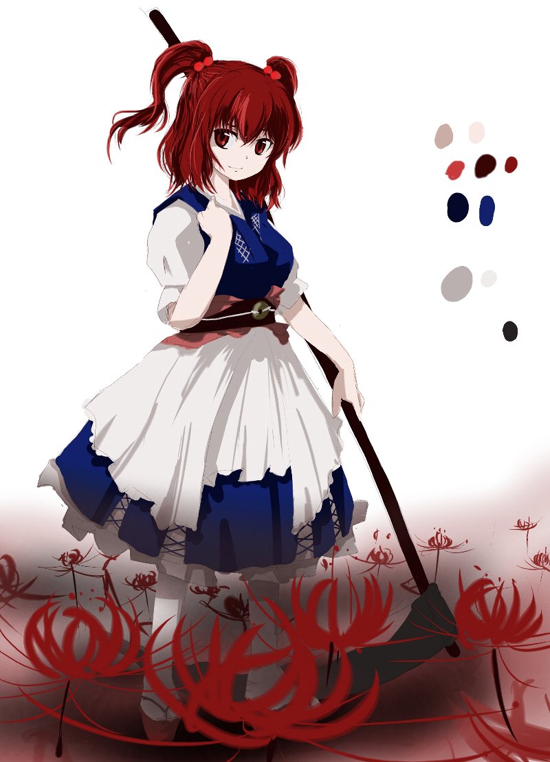 bad_id clog_sandals coin digital001 flower hair_bobbles hair_ornament jpeg_artifacts obi onozuka_komachi red_eyes red_hair redhead scythe simple_background smile solo spider_lily standing touhou twintails weapon