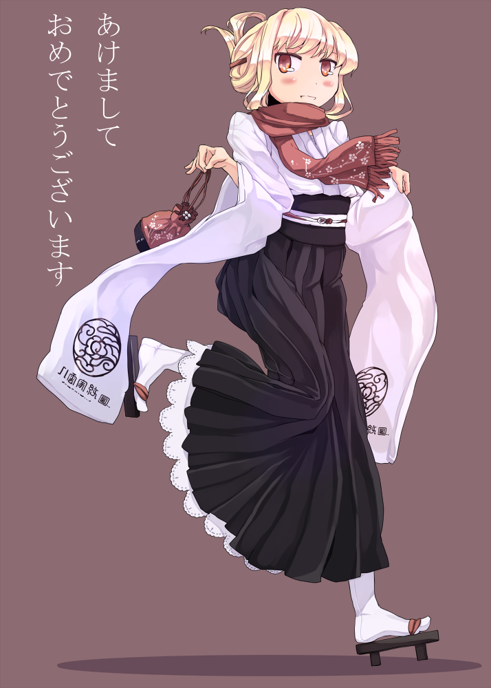 akeome alternate_costume alternate_hairstyle bag black_dress blonde_hair blush dress floral_print garnet geta hair_ornament hairclip japanese_clothes kimono kinchaku long_sleeves new_year obi red_eyes sash scarf smile solo tabi touhou translated yakumo_yukari