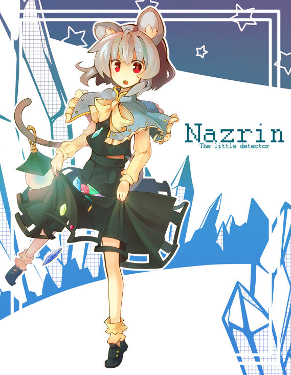 animal_ears bad_id bow capelet character_name crystal dress english footwear fuiyu_(feuille0818) gem grey_hair holding ice jeweled_pagoda jewelry leg_up mouse_ears mouse_tail nazrin necklace open_mouth pendant red_eyes ribbon shawl shoes short_hair skirt skirt_basket socks solo star tail tail_hold touhou