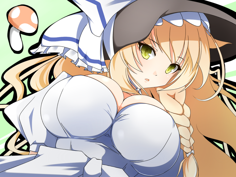 adult alternate_costume alternate_hairstyle bonnet braid breasts bust dress impossible_clothes impossible_dress invincible_marisa kirisame_marisa kyuchan large_breasts long_hair mushroom new_super_marisa_land simple_background single_braid solo touhou yellow_eyes