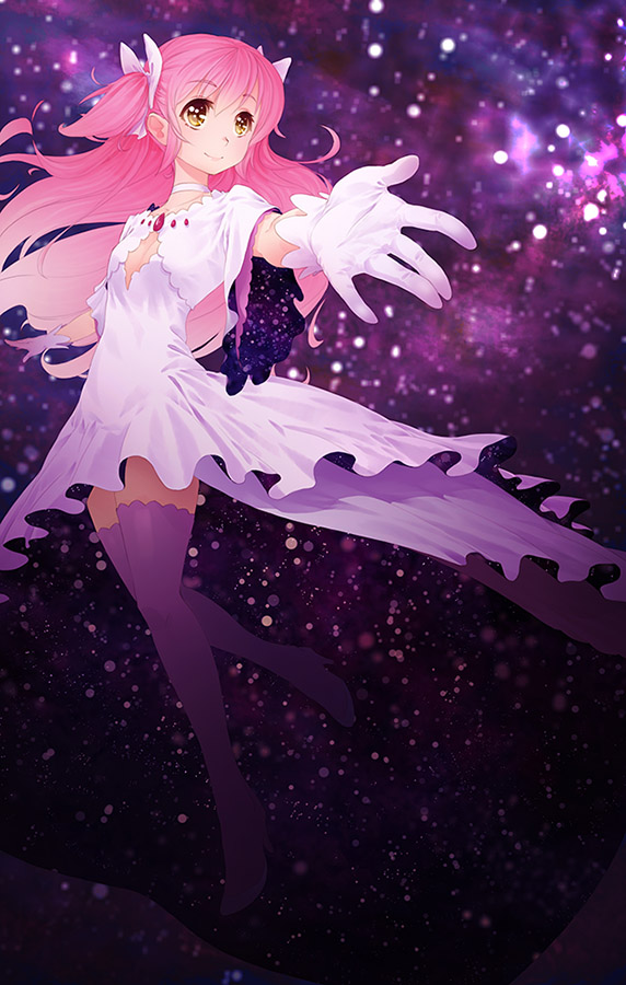 1girl bow choker cleavage_cutout dress gloves goddess hair_bow hair_ribbon kaname_madoka long_hair magical_girl mahou_shoujo_madoka_magica orz_(orz57) outstretched_hand pink_hair ribbon smile solo space spoilers thigh-highs two_side_up ultimate_madoka white_dress white_gloves yellow_eyes