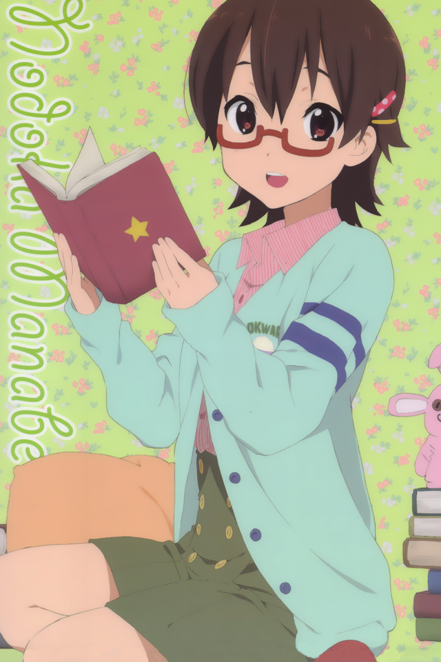 book glasses holding holding_book k-on! manabe_nodoka open_book pillow solo