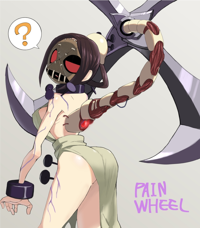 1girl ? ass black_hair blood breasts brown_hair character_name english large_breasts looking_back mask nail nail_polish painwheel_(skullgirls) ponytail red_eyes scar sideboob skullgirls solo vein veins