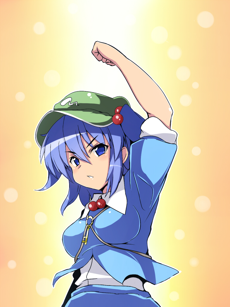 1girl arm_up blue_eyes blue_hair breasts bust clenched_hand hair_bobbles hair_ornament hat kawashiro_nitori key meicha short_hair solo touhou twintails