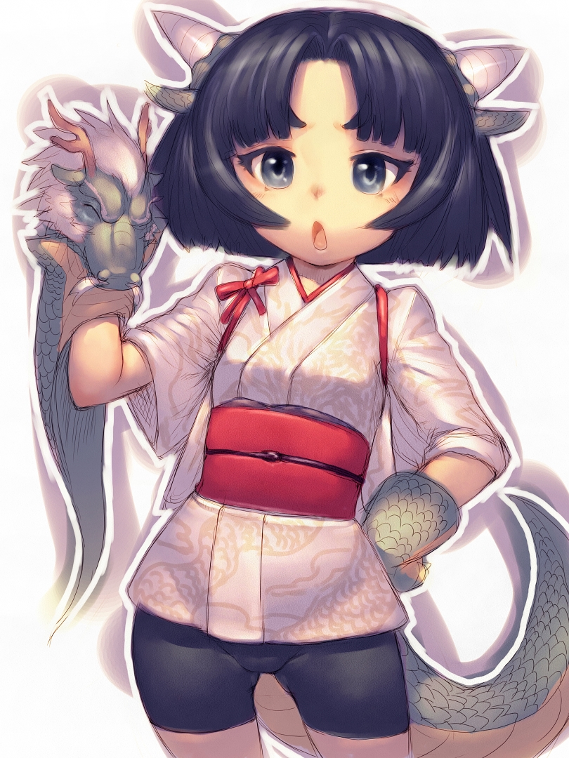 &gt;:o animal_paws bangs bike_shorts black_eyes black_hair center_part child dragon_girl dragon_tail fumio_(rsqkr) hand_on_hip hips horns humio japanese_clothes kimono looking_at_viewer obi open_mouth original parted_bangs paws short_hair short_kimono solo tail