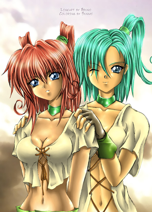 2girls aqua_hair atalanta blue_eyes breasts cleavage ept fingerless_gloves gloves green_eyes hand_on_shoulder large_breasts midriff multiple_girls navel ponytail priston pt short_hair smile tale turquoise_hair twintails wink