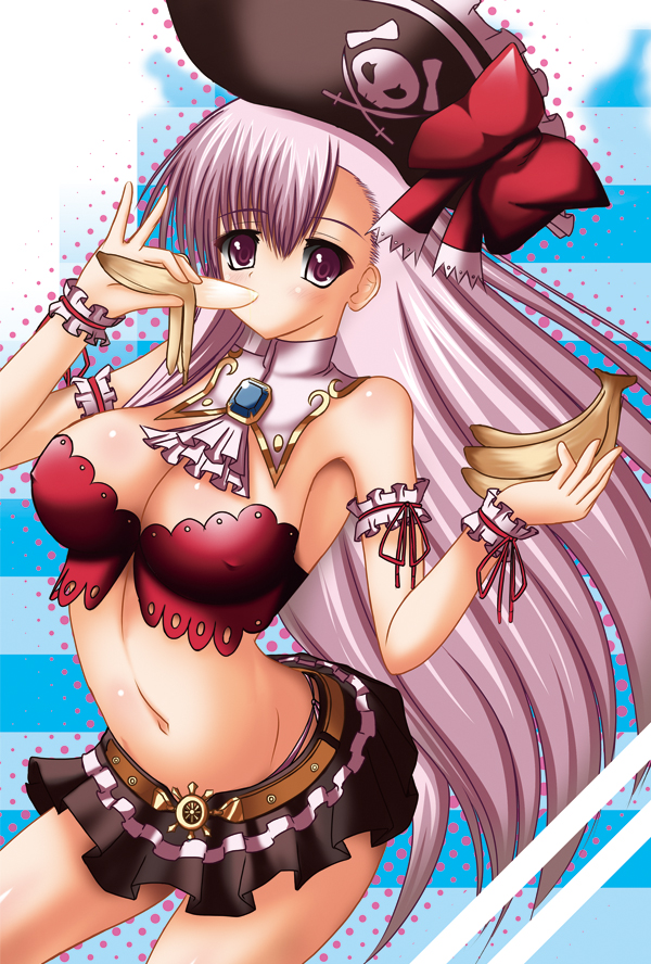banana blush breasts bustier captain_liliana cleavage eating food fruit hat jolly_roger large_breasts long_hair midriff miniskirt pink_eyes pink_hair pirate pirate_hat pleated_skirt queen's_blade queen's_blade_rebellion queen's_blade queen's_blade_rebellion rushima skirt skull_and_crossbones skull_and_crossed_swords solo