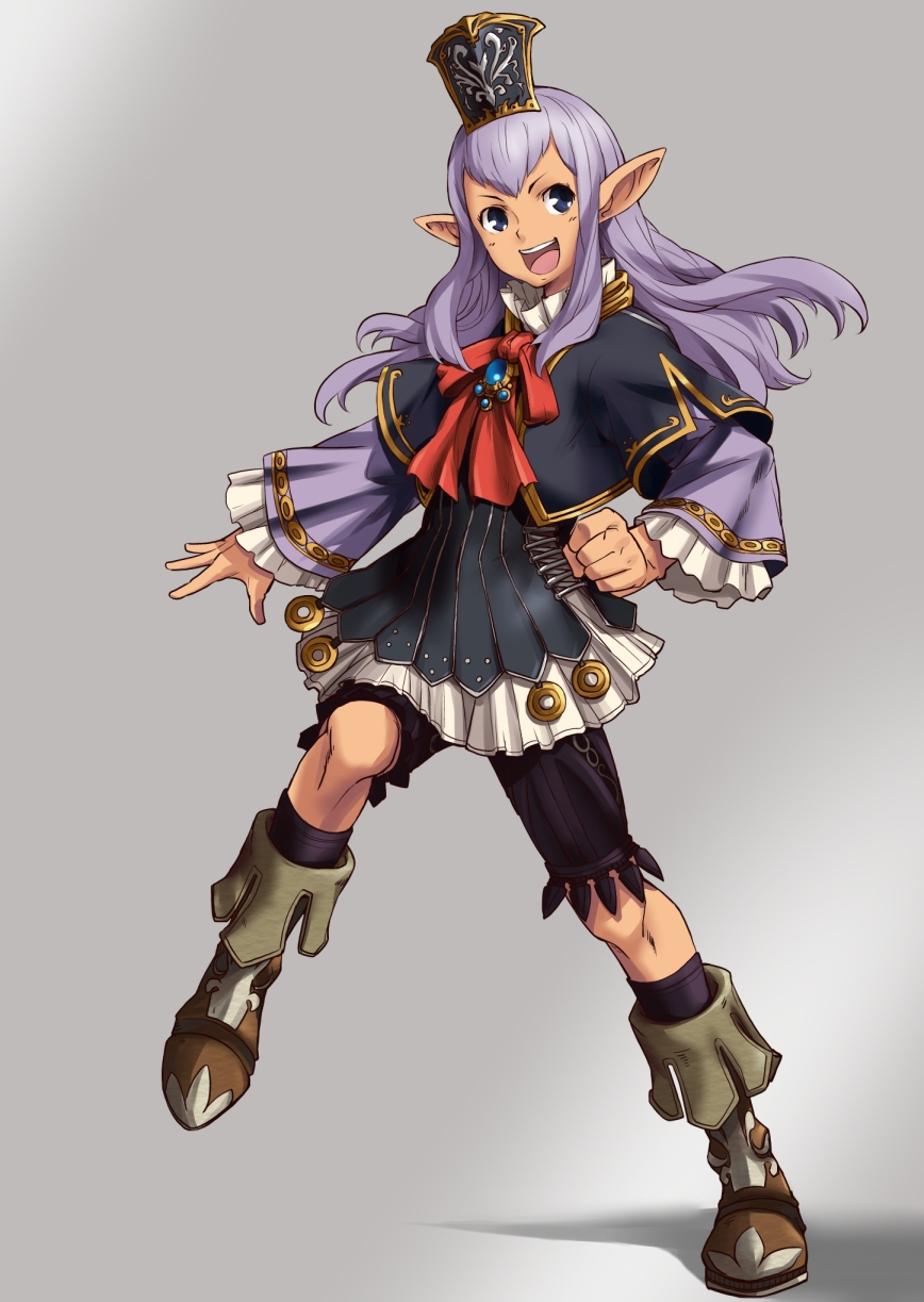 :d bloomers blue_eyes boots bow dissidia_012_final_fantasy dissidia_final_fantasy elf elvaan final_fantasy final_fantasy_xi grey_background happy hat highres long_hair no~ma open_mouth pointy_ears prishe purple_hair ribbon skirt smile solo
