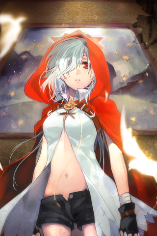 :o amulet artist_request b-na bandage bandages belt brooch cape expressionless fingerless_gloves gloves hair_over_one_eye hood jewelry lowres midriff navel open_fly open_mouth painting pendant picture_frame red_eyes short_hair short_shorts shorts solo strap sword_girls unzipped white_hair