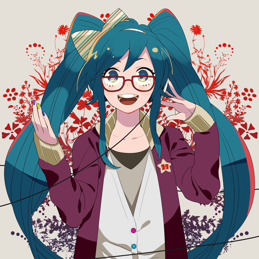 aqua_eyes aqua_hair bespectacled glasses hatsune_miku headphones listening_to_music looking_at_viewer momoiro_oji nail_polish open_mouth red-framed_glasses smile solo vocaloid