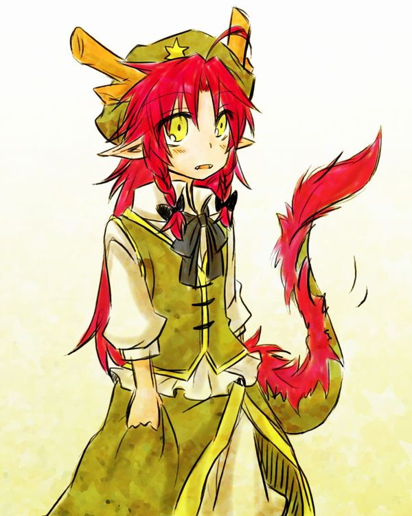 alternate_eye_color antlers bow braid chinese_clothes dragon dragon_girl dragon_tail ex-meiling fangs green_eyes hair_ribbon hat hong_meiling hong_meiling_(dragon) kemonomimi_mode long_hair open_mouth pointy_ears red_hair redhead ribbon shirt side_slit skirt solo star sy0610 tail touhou twin_braids very_long_hair vest yuuta_(monochrome)