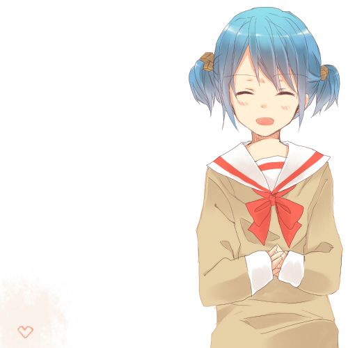 bad_id blue_hair bow closed_eyes hair_cubes hair_ornament hands_together heart hina lowres naganohara_mio nichijou open_mouth school_uniform short_hair short_twintails simple_background smile solo twintails white_background