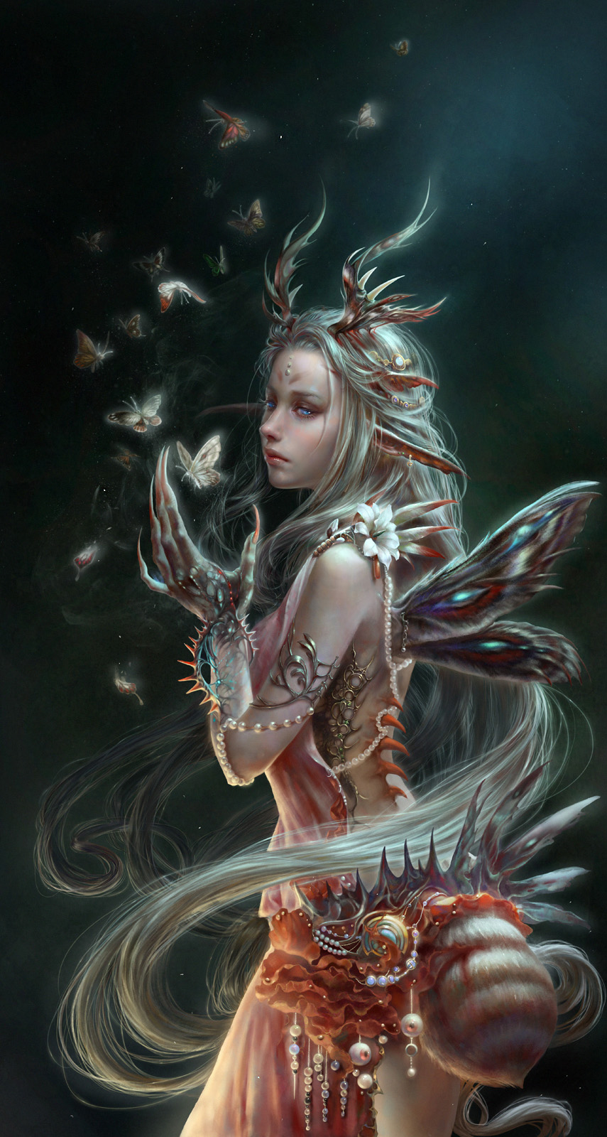 blue_eyes claws facial_mark fingernails flower forehead_mark hair_ornament highres horns jewelry long_fingernails long_hair long_nails looking_back monster monster_girl moth original pearl solo tail very_long_hair wings yoru_(xueyinye)