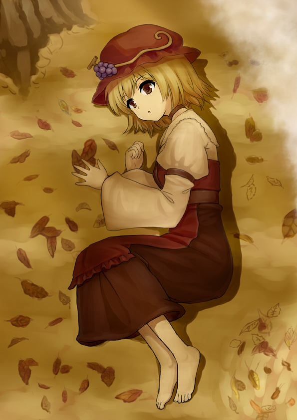 aki_minoriko autumn barefoot blonde_hair blue_door brown_eyes clothes dated dirt dust embellished_costume face feet food frills fruit grapes ground hat leaf lying open_mouth short_hair solo touhou tree