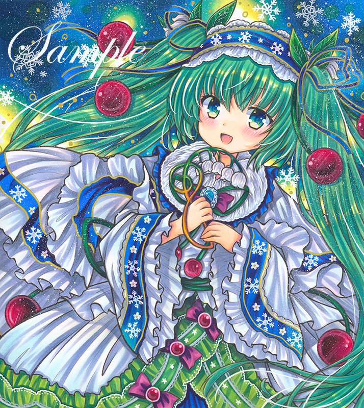 1girl :d blue_brooch blue_eyes blue_hairband blue_ribbon blush bow bowtie brooch capelet dress flower frilled_capelet frilled_sleeves frills fur-trimmed_capelet fur_trim green_hair green_ribbon hair_flower hair_ornament hair_ribbon hairband hatsune_miku holding holding_flower jewelry leaf leaf_hair_ornament lily_of_the_valley long_hair long_sleeves looking_at_viewer marker_(medium) open_mouth purple_bow purple_bowtie ribbon rui_(sugar3) sample smile snowbell_(flower) snowflake_print solo traditional_media twintails very_long_hair vocaloid white_dress white_flower wide_sleeves yuki_miku yuki_miku_(2015)