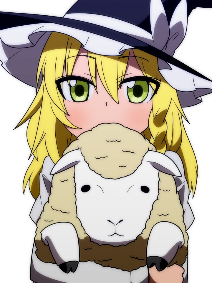 akeome animal blonde_hair bow braid bust carrying face green_eyes hair_between_eyes hat hat_bow jeno kirisame_marisa long_sleeves looking_at_viewer new_year pun sheep simple_background single_braid solo touhou white_background witch witch_hat